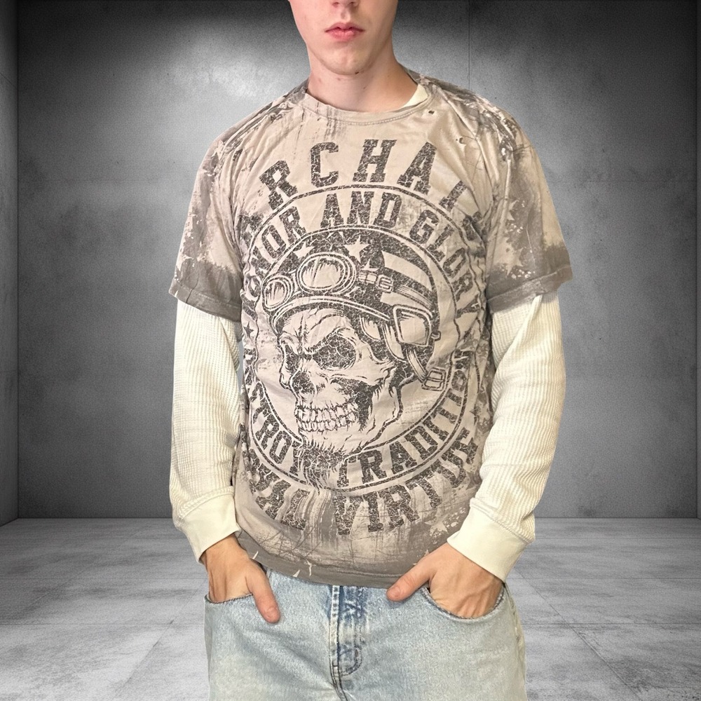 Archaic Mens Large Graphic T Shirt Gray Skull American Flag Y2K Biker Distressed